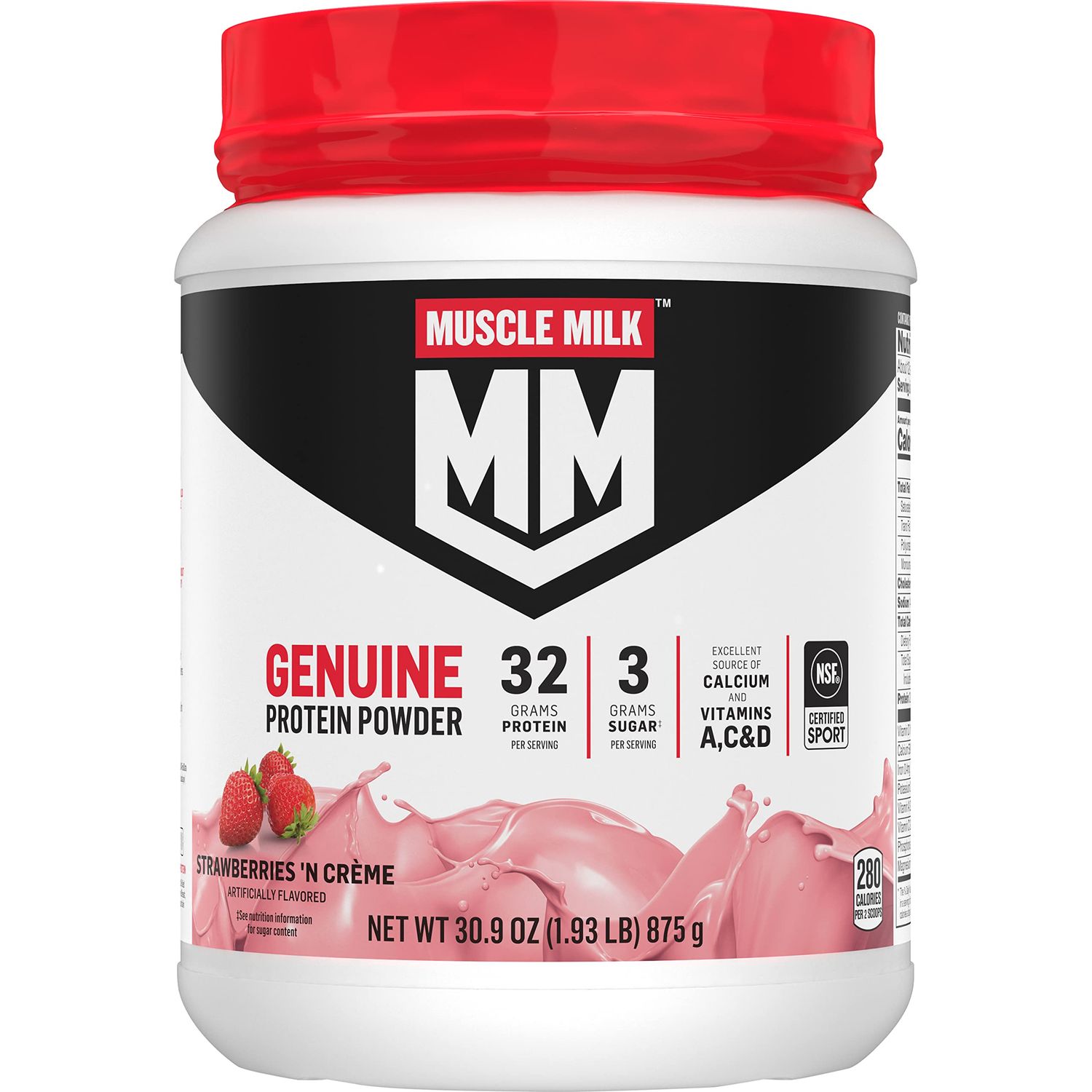 Muscle Milk Genuine Protein Powder, Strawberries N Crme, 1.93 Pounds, 12 Servings, 32g Protein, 3g Sugar, Calcium, Vitamins A, C &amp; D, NSF Certified for Sport, Energizing Snack, Packaging May Vary