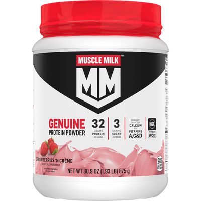 Muscle Milk Genuine Protein Powder, Strawberries N Crme, 1.93 Pounds, 12 Servings, 32g Protein, 3g Sugar, Calcium, Vitamins A, C &amp; D, NSF Certified for Sport, Energizing Snack, Packaging May Vary
