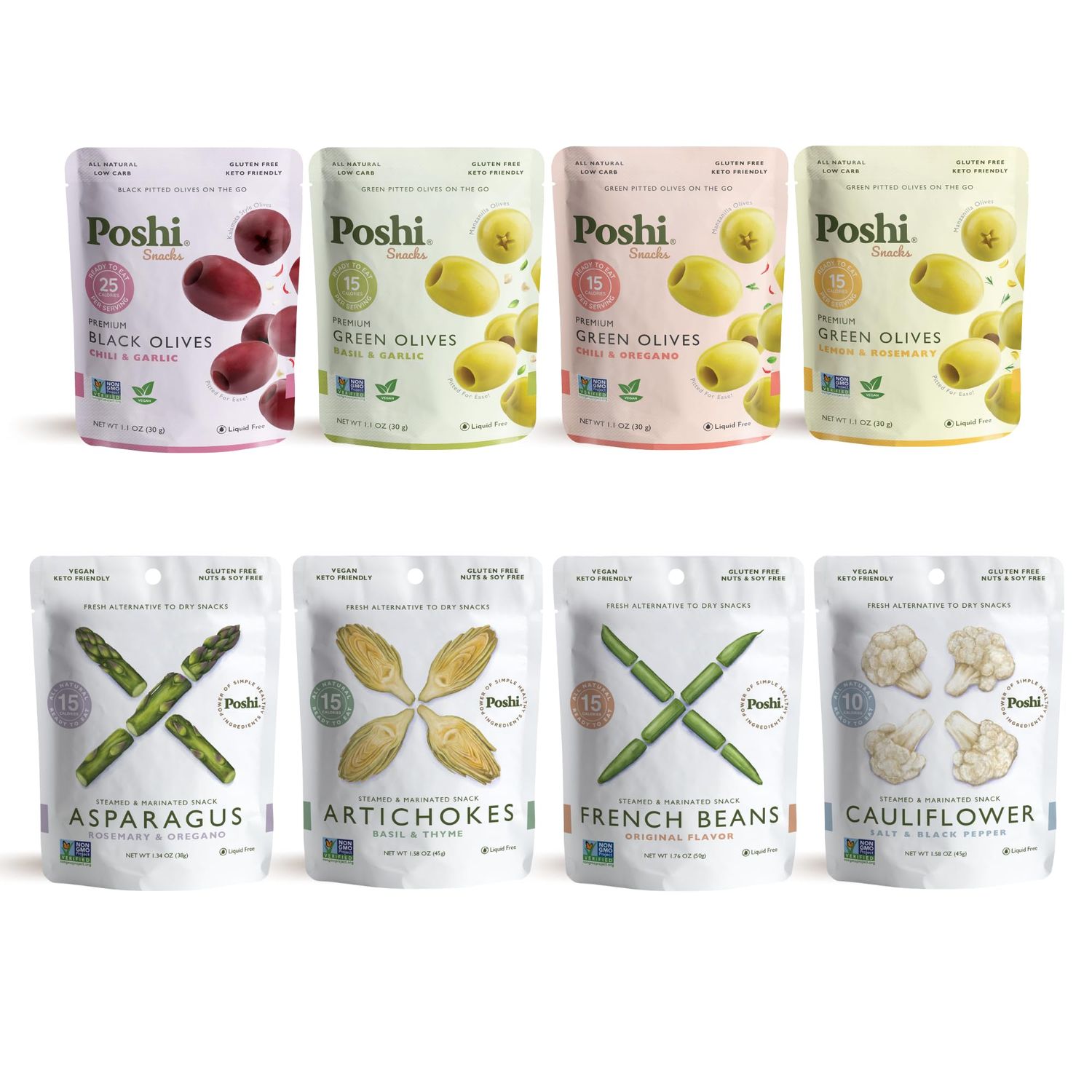 Poshi Olives  Veggies  Whole Pitted Olives 4 Flavor Variety  Poshi 4 Flavor Variety  Vegan, Kosher, Gluten Free  Keto Friendly Healthy Snacks (24 Pack)