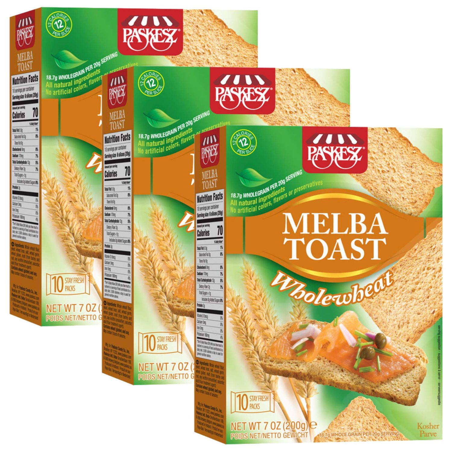 Melba Toast, Flatbread Toast Crackers - Whole Wheat - All Natural Thin and Crispy Flatbread Crackers - Non-GMO, 7 Oz, Pack of 3