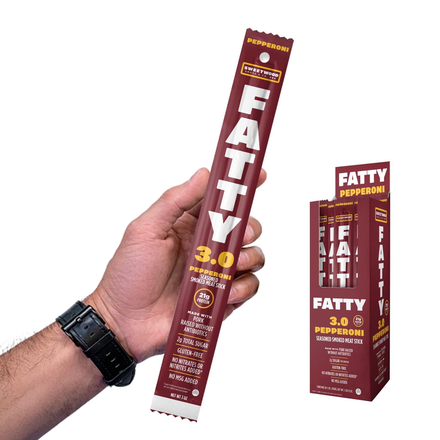 FATTY Smoked Pork Meat Sticks Raised Without Antibiotics, Pepperoni Flavor, 21g Protein Per Stick, 3 oz. (Pack of 20)