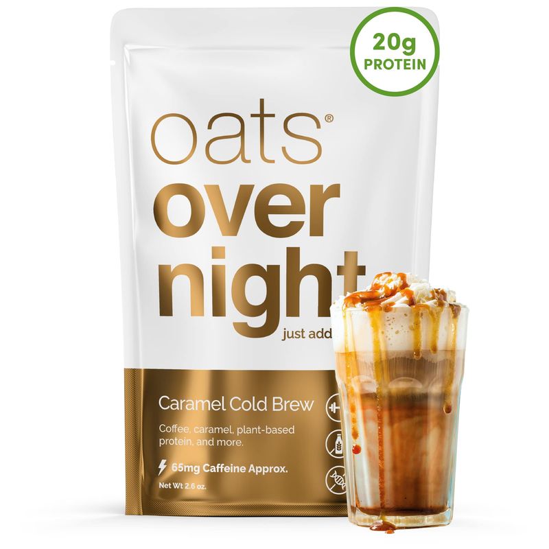 Oats Overnight - Caramel Cold Brew - Vegan, 20g Protein, High Fiber Breakfast Shake 65mg Caffeine - Gluten Free, Non GMO Oatmeal (2.6 oz per meal) (8 Pack)