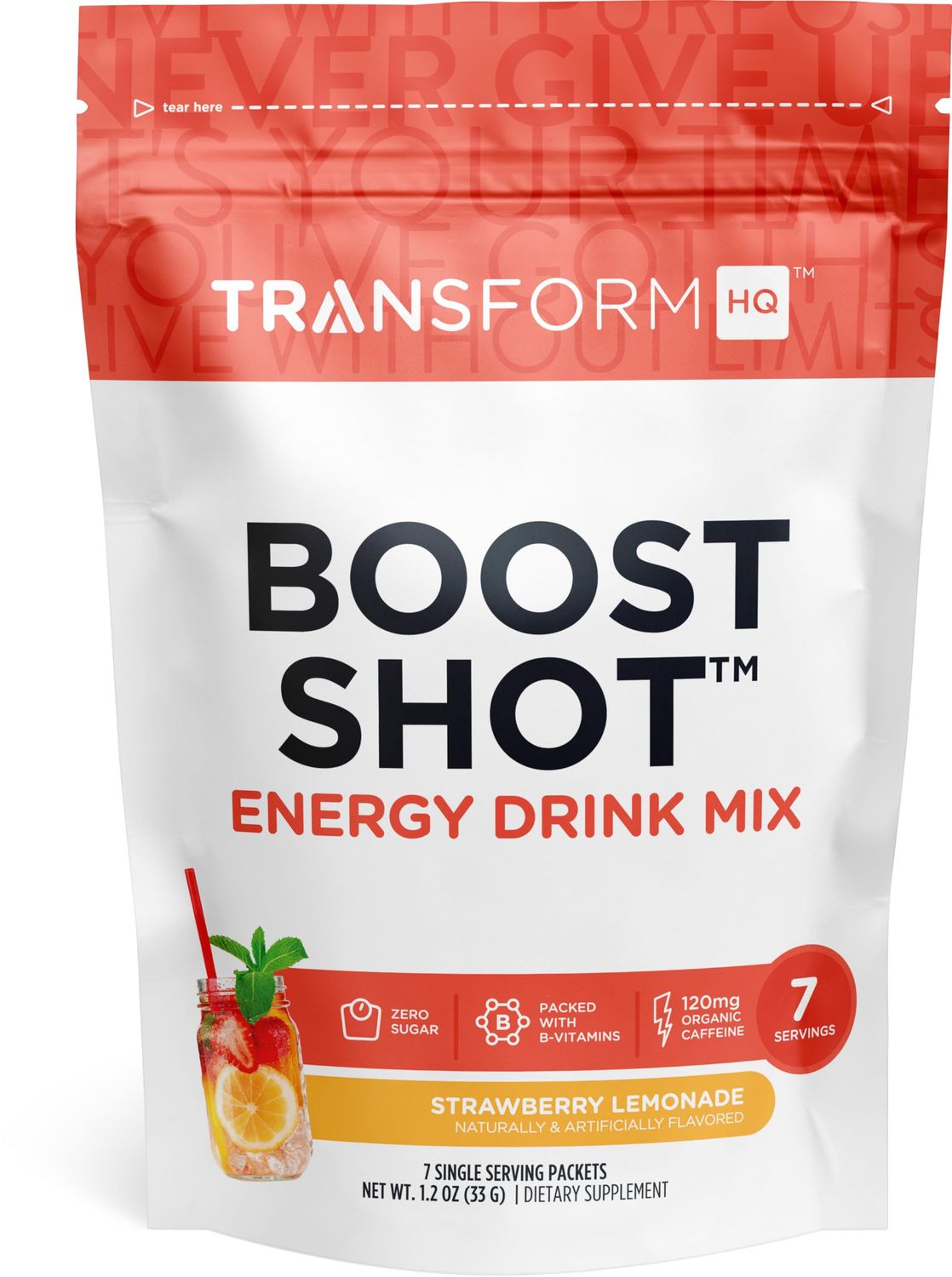 TransformHQ Boost Shot Powder Drink Stick Packets, Strawberry Lemonade, 7 Pack, Energy Supplements for Women &amp; Men, with Caffeine, Vitamin B12, B9, B6 &amp; B3