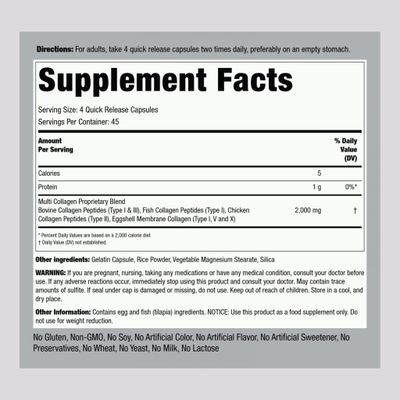 Piping Rock Multi Collagen Protein  180 Capsules  2000mg  Types I, II, III, V, X  Non-GMO, Gluten Free