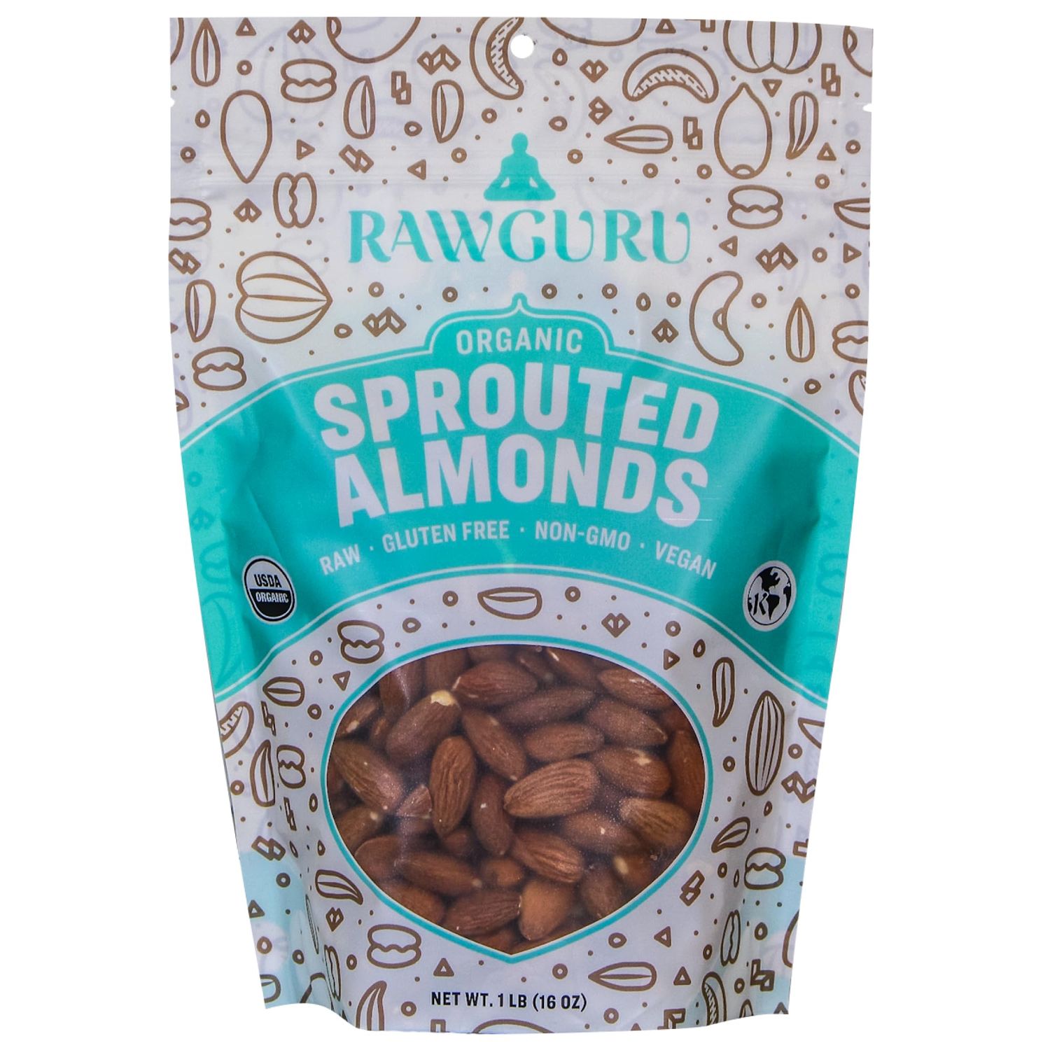 RawGuru Unsalted Almonds, Sprouted &amp; Organic, Raw  Keto  Vegan  Kosher  Paleo  Gluten Free Snacks  Superfood, 16 oz.