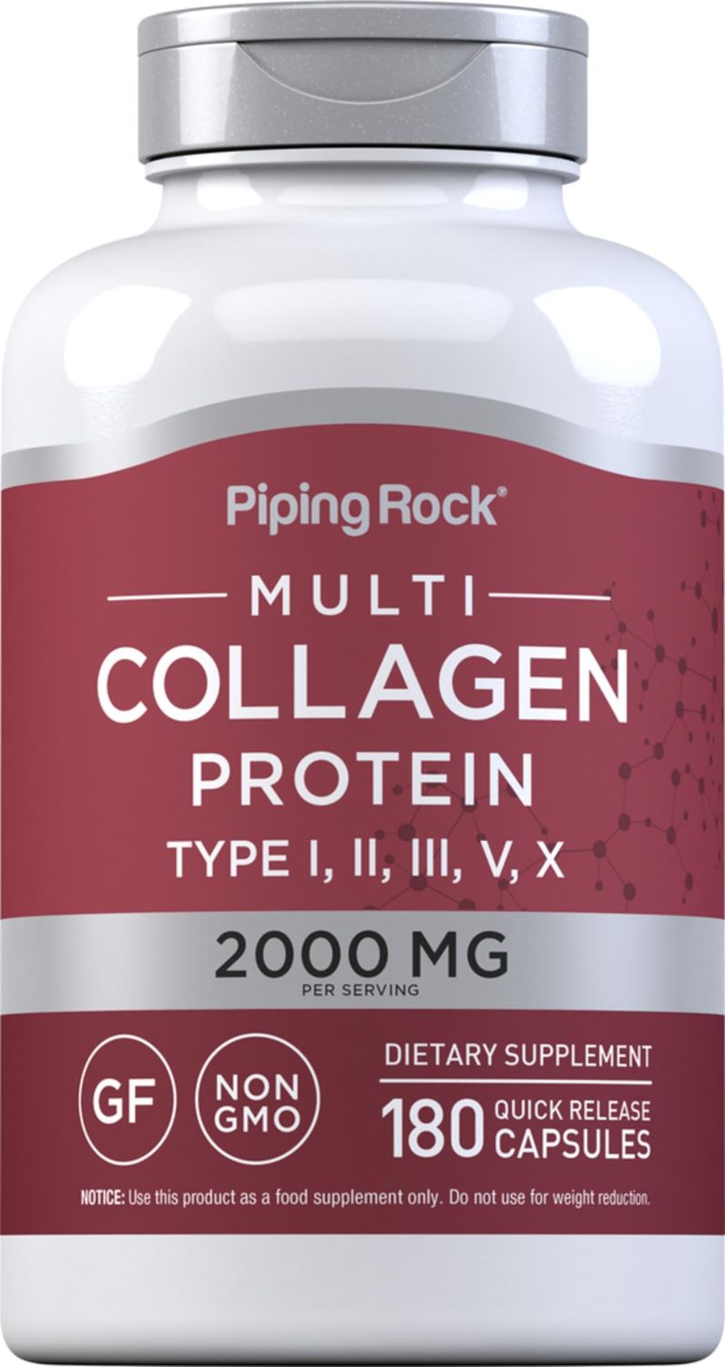 Piping Rock Multi Collagen Protein  180 Capsules  2000mg  Types I, II, III, V, X  Non-GMO, Gluten Free