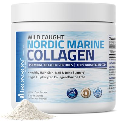 Bronson Marine Collagen Peptides Hydrolyzed Protein Powder 100% Wild Caught Nordic Cod Verified Sustainable Source for Joints Skin Hair Nails &amp; Bones 150g (5.29oz)