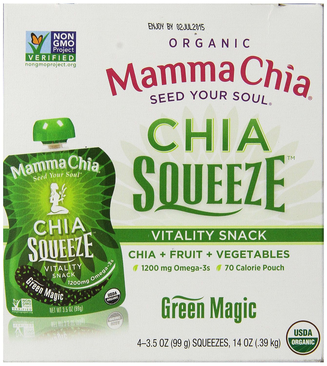 Mamma Chia Organic Vitality Squeeze Snack, Green Magic, USDA Organic, Non-GMO, Vegan, Gluten Free, and Kosher. Fruit and Vegetables with only 70 Calories. 3.5 Ounce (Pack of 4)
