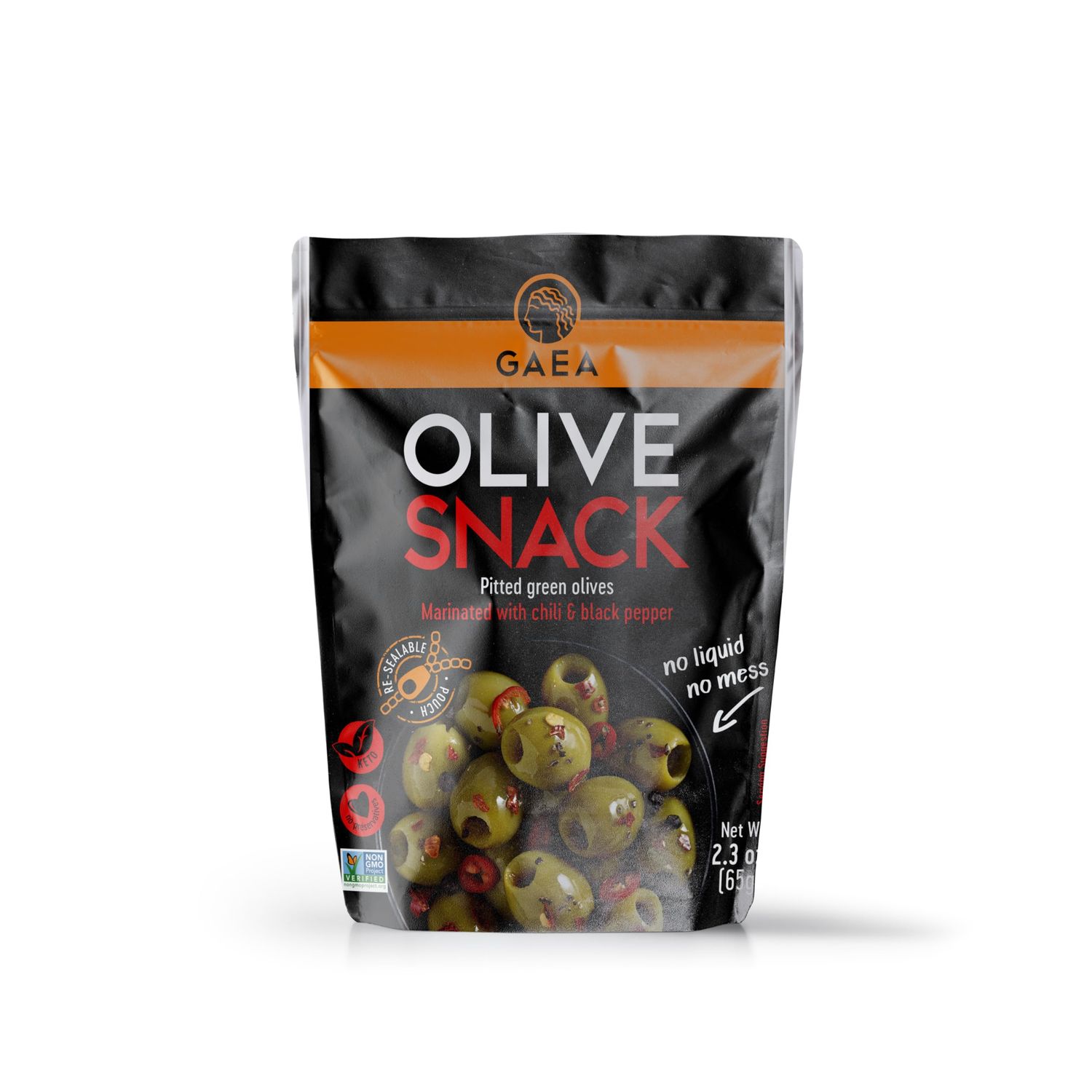 Gaea Authentic Greek Pitted Green Olives with Chili &amp; Black Pepper Snack Pack, 2.3 Ounce (Pack of 8), 8 Count