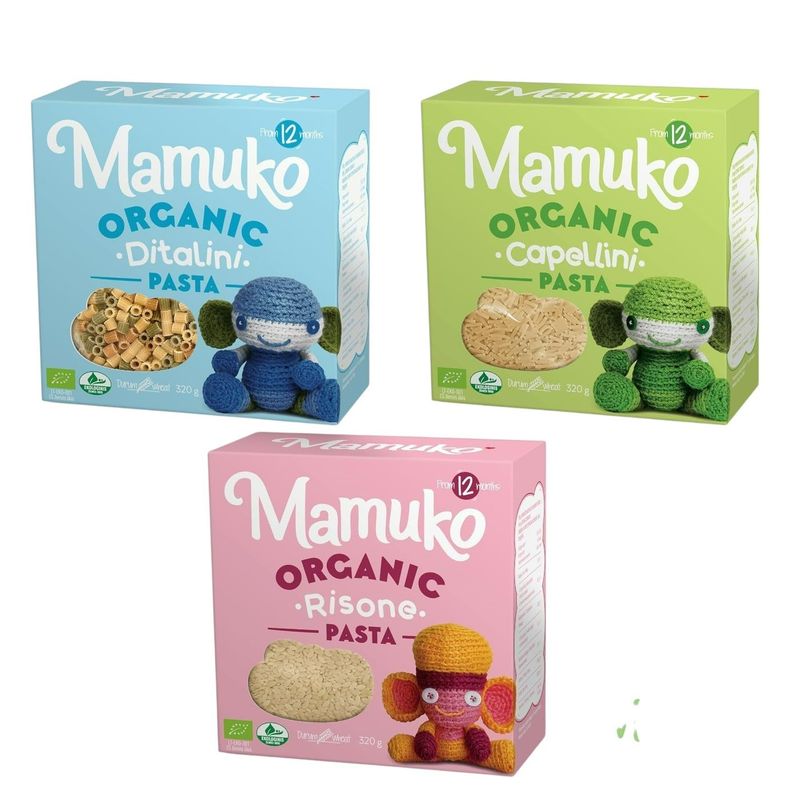 Mamuko Organic The Beginning Pasta's 3 Pack Varity Mix (Ditalini, Risone and Capellini)- for Kids 12 months and up- 12 Servings, 11.3oz-320g/each