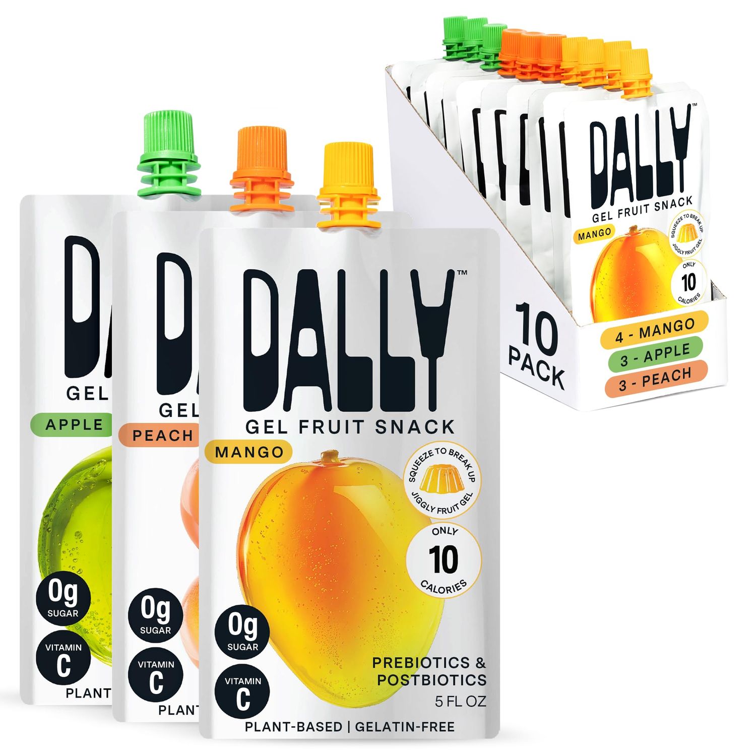 Dally Drinkable Konjac Jelly Variety Pack - (10 Pack) Jelly Fruit Snack with 10 Calories &amp; Zero Sugar - Flavors Include Mango, Peach, and Apple Pouches