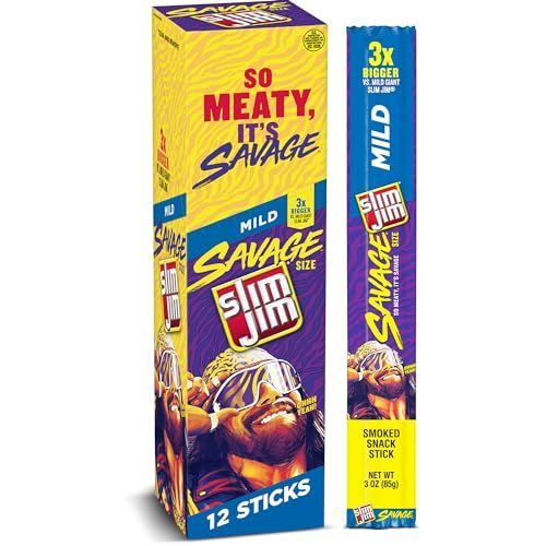 Slim Jim Savage Smoked Meat Sticks, Mild Flavor, 6g Protein Per Serving, Easter Basket Stuffer, 3.0 oz. (12 Count)