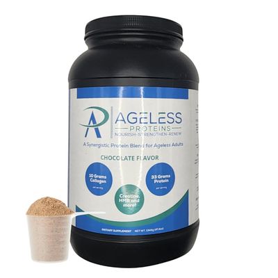 Ageless Proteins Chocolate Whey Protein Powder and Collagen Peptides for mature adults. Supports muscle building and joint health with 24g protein, creatine, HMB, and vitamins (30 Servings, Chocolate)