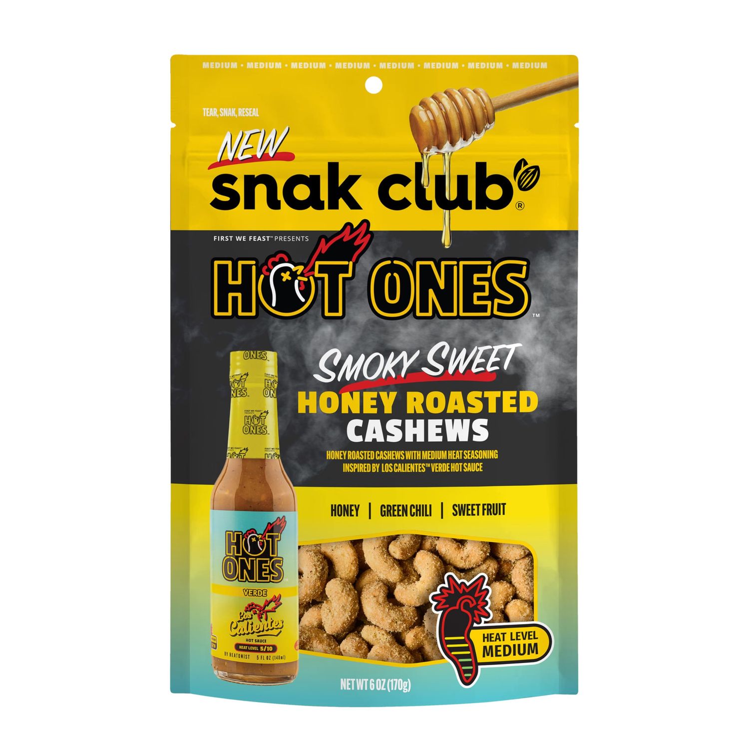 Snak Club x Hot Ones Honey Roasted Cashews, Smoky Sweet, Spicy Nuts, Inspired by Hot Ones, Vegan Snack, 6 oz Resealable Bag
