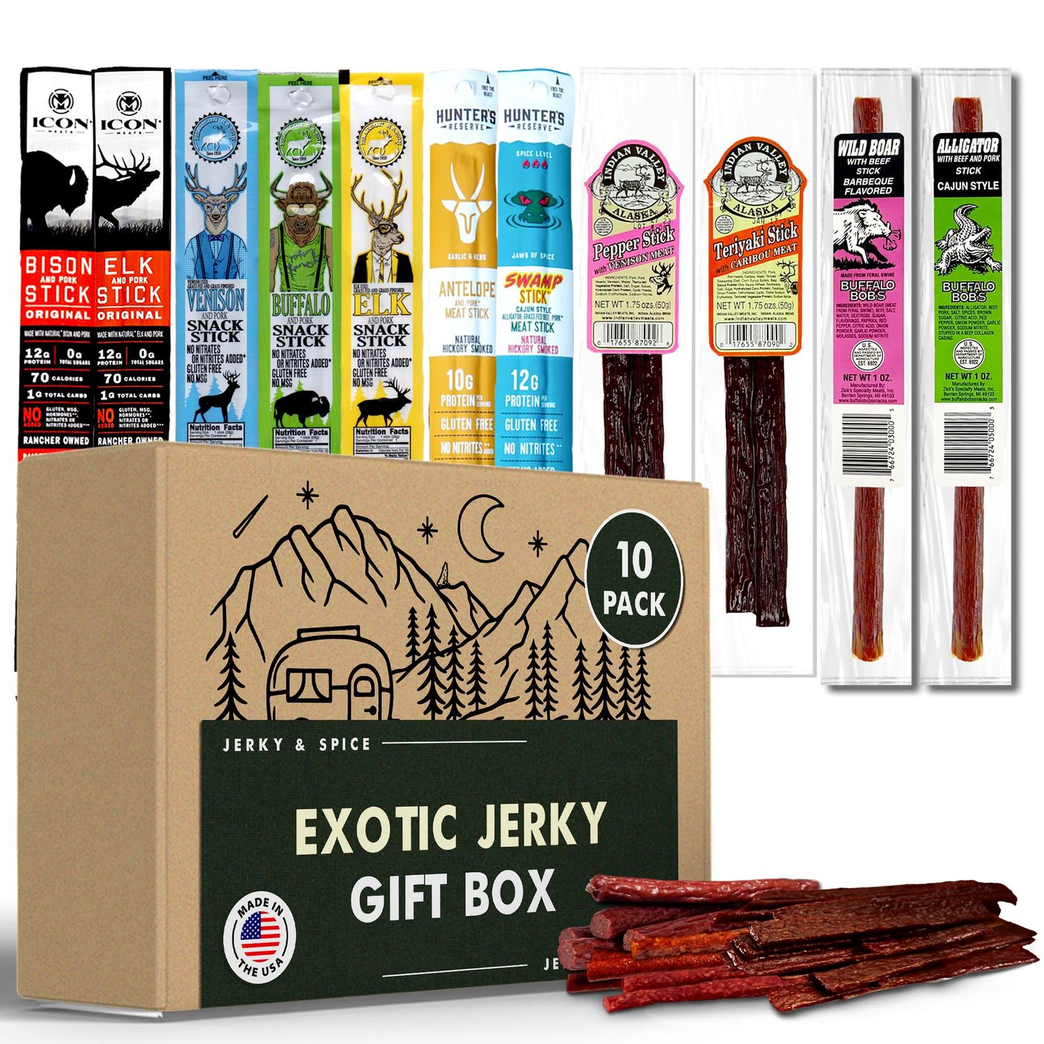 Exotic Jerky Beef Stick Gift Box (10 Pack), Beef Jerky Variety Pack, Jerky Sampler Gift Set, Snack Gift Box for Adults, Exotic Jerky Gift Basket for Christmas and Birthday, Meat Bouquet Healthy Snacks