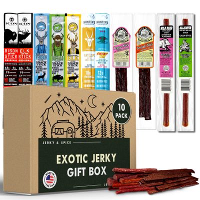 Exotic Jerky Beef Stick Gift Box (10 Pack), Beef Jerky Variety Pack, Jerky Sampler Gift Set, Snack Gift Box for Adults, Exotic Jerky Gift Basket for Christmas and Birthday, Meat Bouquet Healthy Snacks