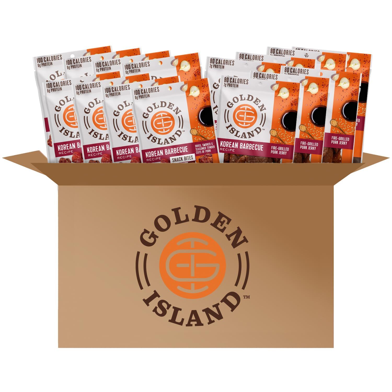 Golden Island Pork Jerky Korean BBQ Variety Pack, Specialty Meat Snack, Gluten Free with Korean Barbecue Seasoning, 100 &amp; 80 Calories Pork Protein Snacks, (8) 1.25oz Snack Bite &amp; (7) 1oz Jerky Bags