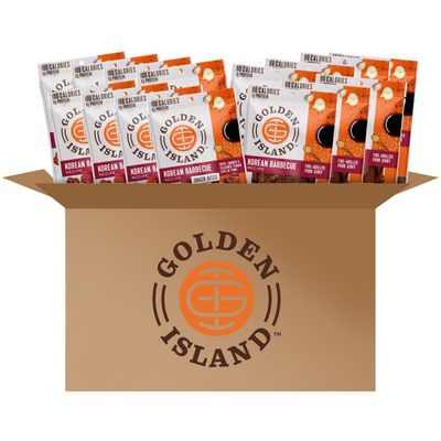 Golden Island Pork Jerky Korean BBQ Variety Pack, Specialty Meat Snack, Gluten Free with Korean Barbecue Seasoning, 100 &amp; 80 Calories Pork Protein Snacks, (8) 1.25oz Snack Bite &amp; (7) 1oz Jerky Bags
