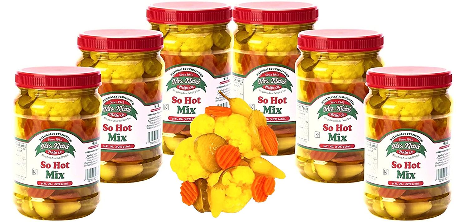 Fresh Pickled Vegetables-So Hot Mix of Cauliflower Bites, Carrots, Hot Pickles &amp; Chilito Peppers in Spicy Pickle Brine, Vegan Snack-32 oz Pack of 6 jars