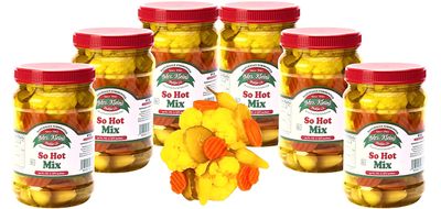 Fresh Pickled Vegetables-So Hot Mix of Cauliflower Bites, Carrots, Hot Pickles &amp; Chilito Peppers in Spicy Pickle Brine, Vegan Snack-32 oz Pack of 6 jars