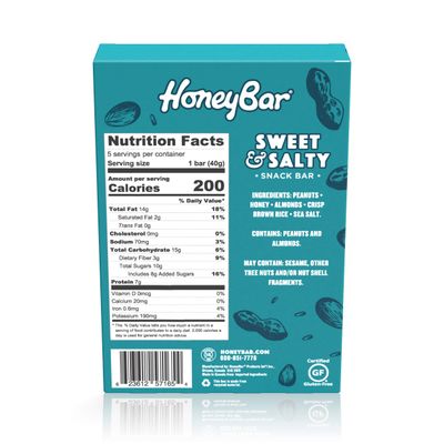 HoneyBar Snack Bar  Certified Gluten Free  Non-GMO  Vegetarian (Sweet &amp; Salty, Pack of 5 Bars)