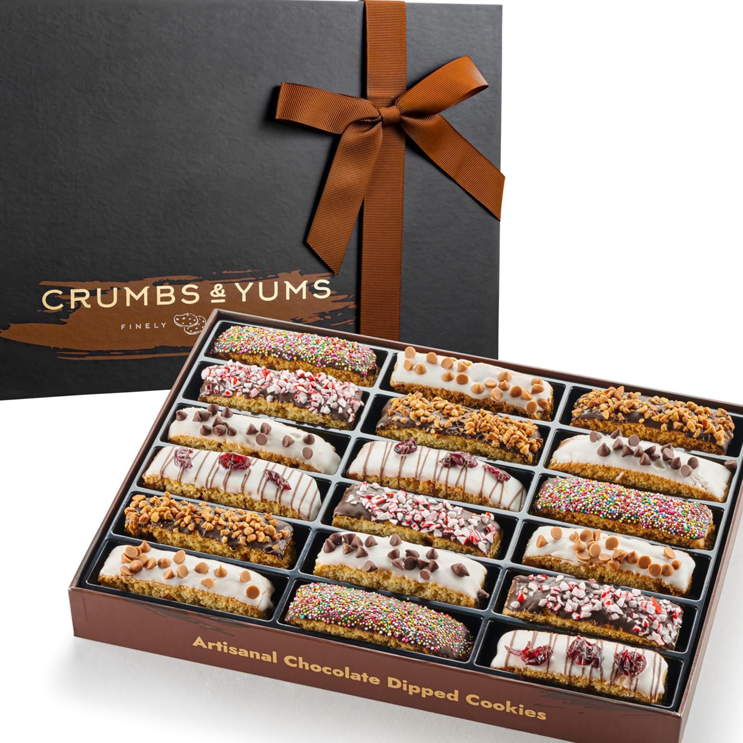 Cookies Gift Basket - 18 Gourmet Chocolate Covered Biscotti with Assorted Toppings - Assorted Food Gift Box for Christmas, Thanksgiving, Fathers Day, Mothers Day, Family, Sympathy, Men &amp; Women.
