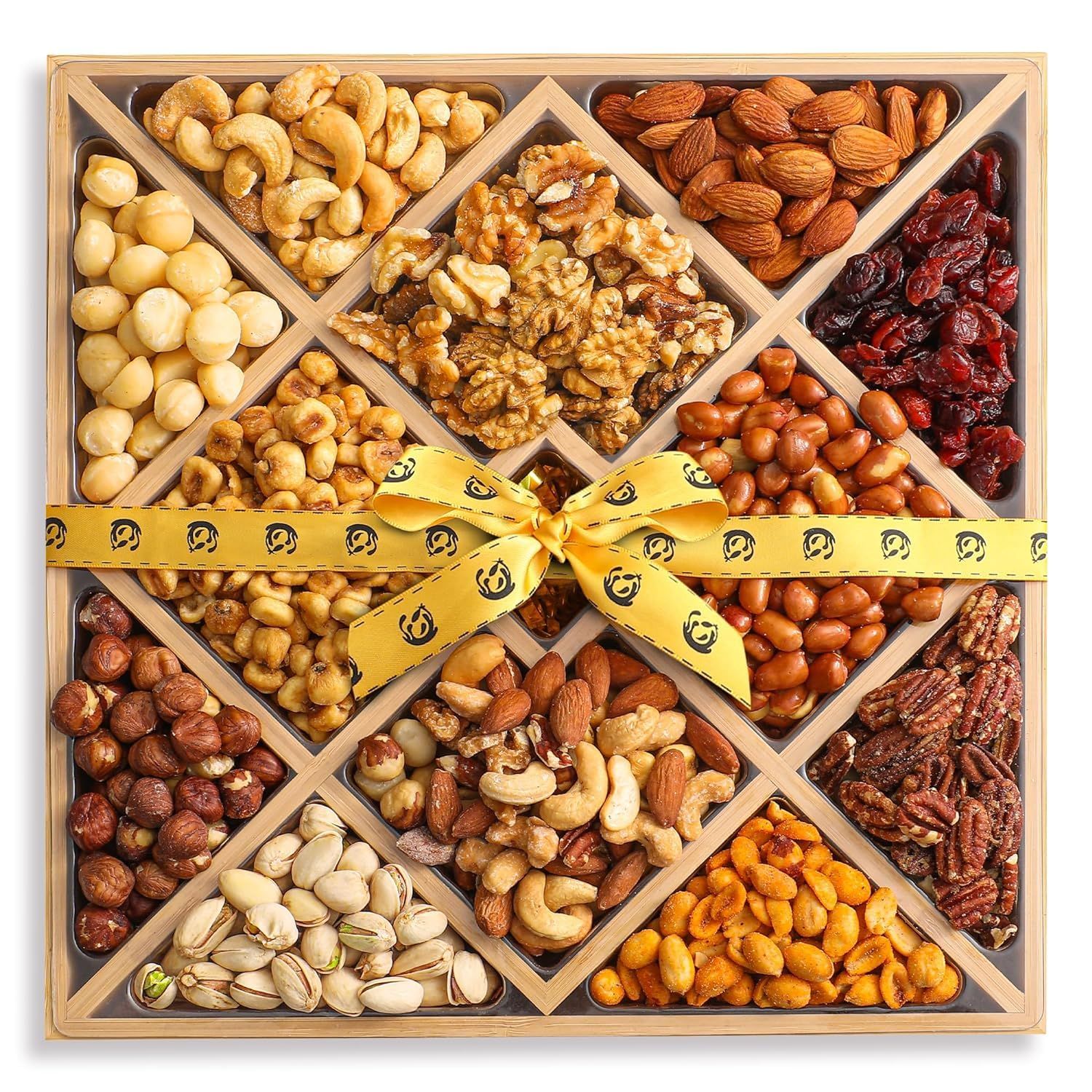 Gourmet Mixed Nuts Christmas Gift Basket in Sleek Bamboo Wood Reusable Platter  XL 2.5 lb Platter Includes 12 Assortments of Premium Nuts, Kosher