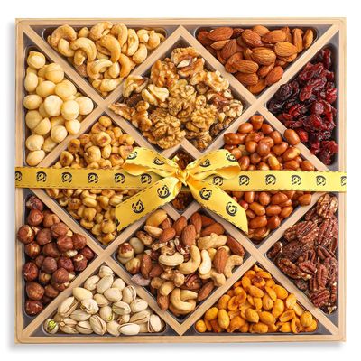 Gourmet Mixed Nuts Christmas Gift Basket in Sleek Bamboo Wood Reusable Platter  XL 2.5 lb Platter Includes 12 Assortments of Premium Nuts, Kosher