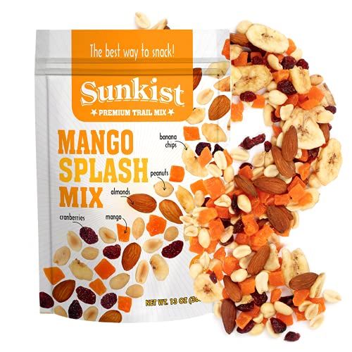 Sunkist Mango SplashTrail Mix - Fruit and Nut Combo, Low Sodium, Gluten Free Snack with Mango, Cranberries, Banana Chips, Almonds, and Peanuts  Premium Quality  13 oz Resealable Bag