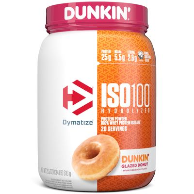 Dymatize x Dunkin&#39; Glazed Donut ISO100 Whey Protein Powder, 25g of Protein, 20 Servings, 5.5g BCAAs, 120 Cal., Gluten Free, 1g Fat, 1g Sugar, 2g Carb