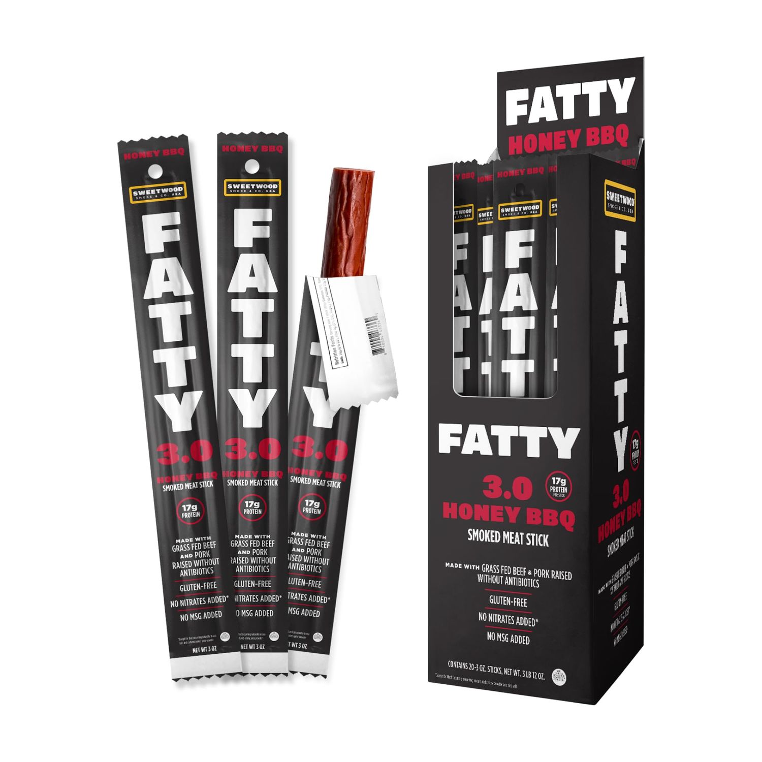 FATTY Grass-Fed Beef Smoked Meat Sticks, Honey BBQ Flavor, 19g Protein Per Stick, 3 oz. (Pack of 20)