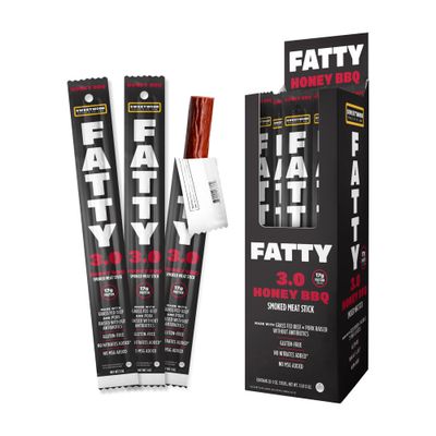 FATTY Grass-Fed Beef Smoked Meat Sticks, Honey BBQ Flavor, 19g Protein Per Stick, 3 oz. (Pack of 20)