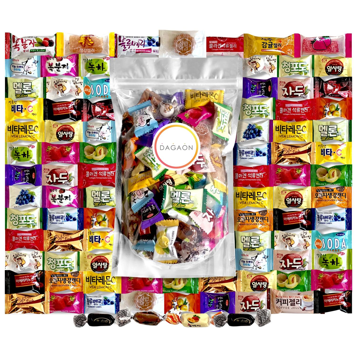 Dagaon - Korean Candy - 1 Pound. Variety of Long Lasting Candies from Korea. Assortment of Hard, Soft, Jelly and more. Wrapped individually for Freshness.