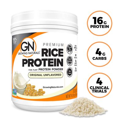 Growing Naturals Organic Rice Protein Powder - 15g Plant Protein, 2.8G BCAA - Low-Carb, Low-Sugar, Non-GMO - Original Unflavored, 16.2 Ounce (Pack of 1)