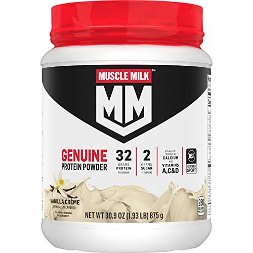 Muscle Milk Genuine Protein Powder, Vanilla Crme, 1.93 Pounds, 12 Servings, 32g Protein, 2g Sugar, Calcium, Vitamins A, C &amp; D, NSF Certified for Sport, Energizing Snack, Packaging May Vary