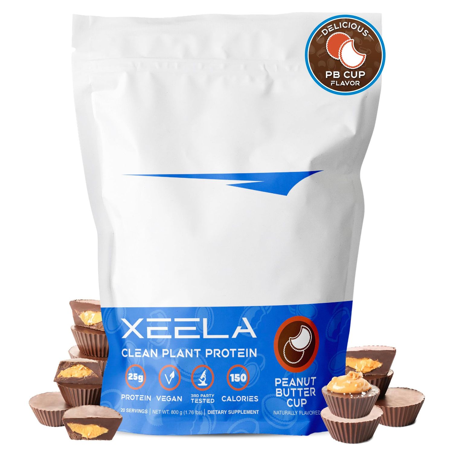 XEELA Plant Based Vegan Protein Powder - Independently Tested - 25g High Protein, Pea Protein for Men &amp; Women - Vitamins &amp; Minerals, Non GMO, Dairy &amp; Gluten Free, LowCarb &amp; LowFat (Peanut Butter Cup)