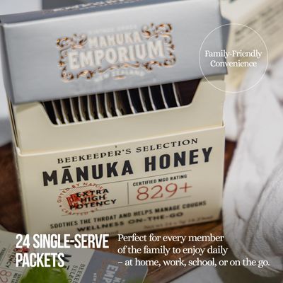 Manuka Emporium Extra High Potency Raw New Zealand Manuka Honey Packets MGO829 (UMF 20 Equiv.) 24 x 0.18oz Individual Snaps Ideal for Travel, Sports, Superfood Snacks and On-the-Go Daily Wellness