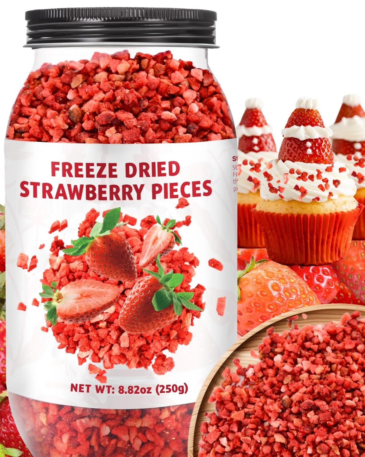 Premium Freeze Dried Strawberries Pieces - 8.82oz 100% Natural Sweet Frozen Strawberrys, No Gluten &amp; No Allergen, Dry Strawberry Pieces Flakes for Snacks, Baking, Cooking, Flavorful