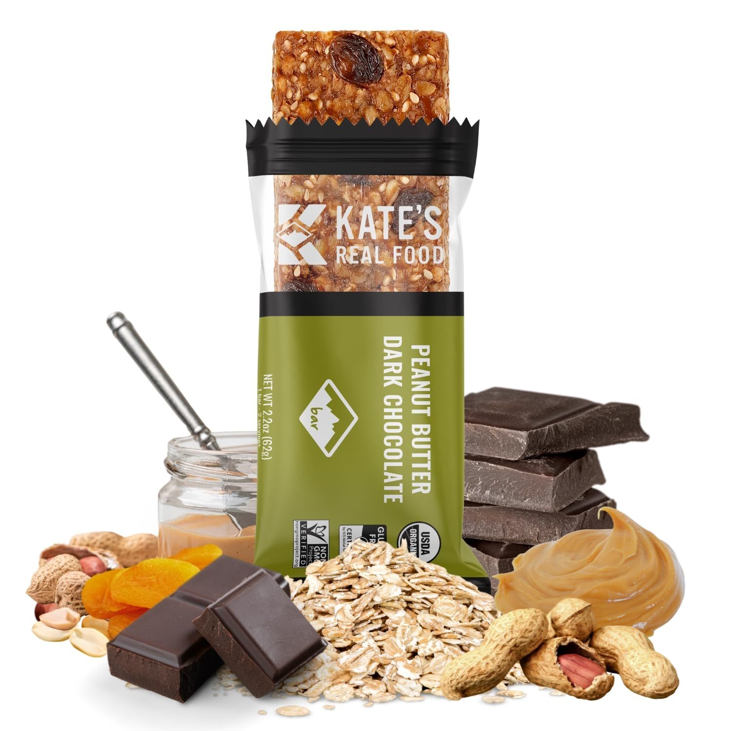 Kates Real Food Organic Energy Bars, Non-GMO, All-Natural Ingredients, Gluten-Free and Soy-Free Healthy Snack with Natural Flavors, Peanut Butter and Dark Chocolate (Pack of 12)
