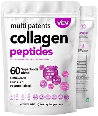 VEV Multi Collagen Peptides Powder, 1 lb - Type I, II, III, V, X, Hydrolyzed Collagen, Biotin, Hyaluronic Acid, Vitamin C, Supports Skin &amp; Joints, Unflavored, Easy to Dissolve (Packaging May Vary)