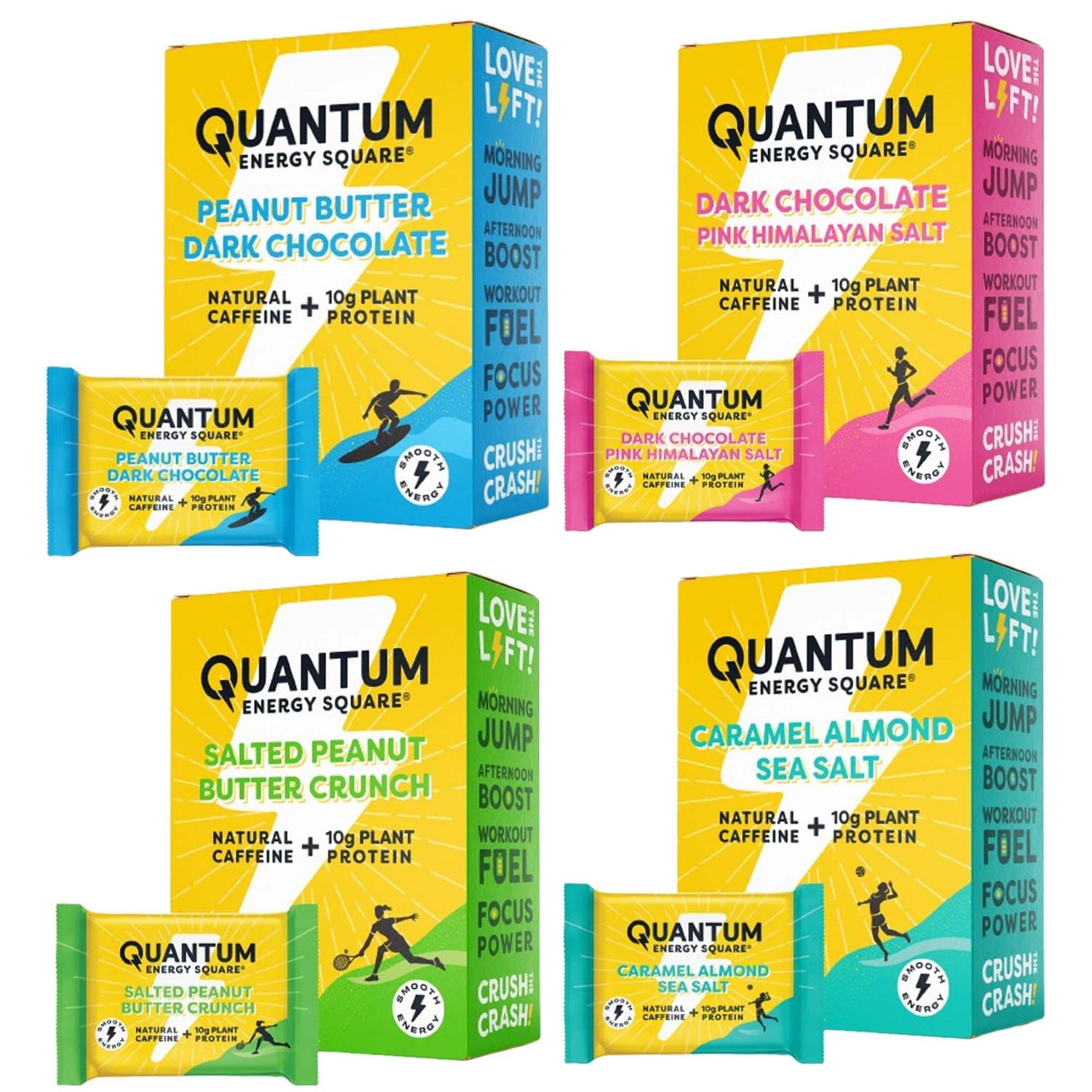 Quantum Energy Square - with Caffeine &amp; 10g Protein - Healthy Snack On the Go - Vegan, Gluten, Soy &amp; Dairy-Free - Mega Variety Pack, 4 Flavors 32 Pack