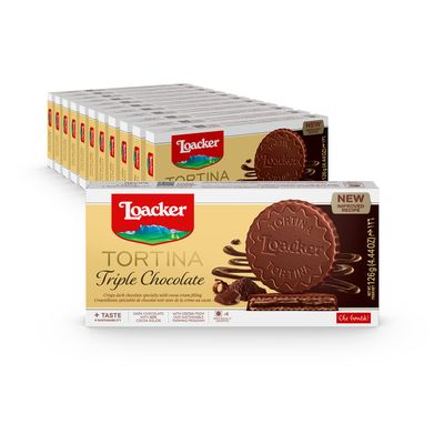 Loacker Tortina Triple Chocolate - Individually Wrapped Premium Dark Chocolate Enrobed Crispy Cocoa Wafer Tartlets with Cocoa Cream Filling - Pack of 12
