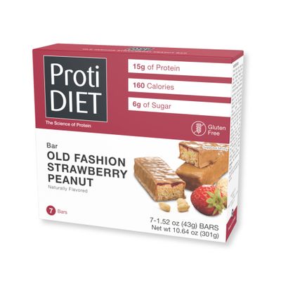 ProtiDIET Old Fashioned Strawberry &amp; Peanuts Protein Bar, 15g Protein, Low Calorie, Low Carb, Low Sugar, High Fiber, No Gluten Ingredients, KETO Friendly, Ideal Protein Compatible, 7/ Box