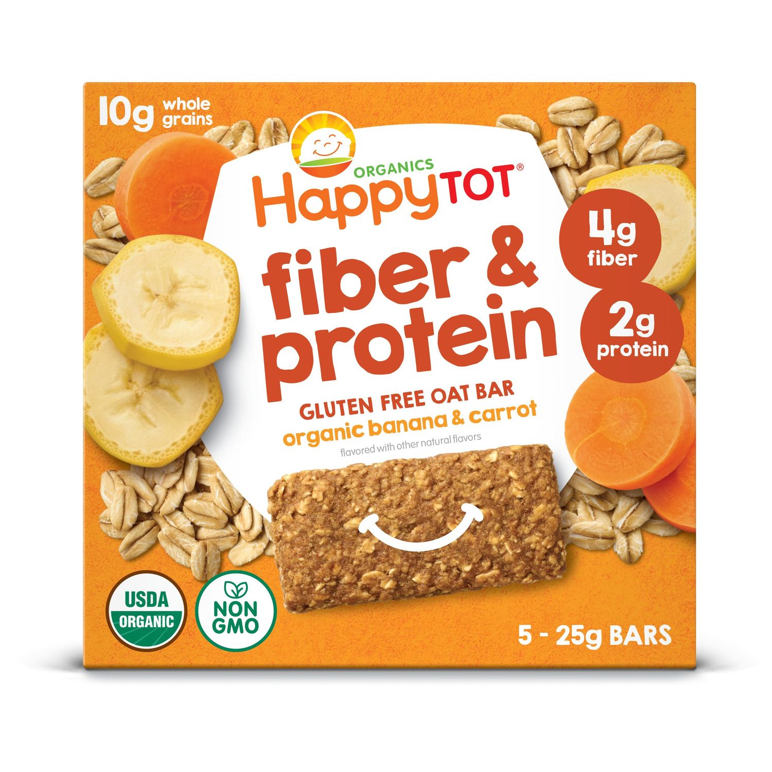 Happy Tot Organics Fiber &amp; Protein Soft-Baked Oat Bars Organic Toddler Snack Banana &amp; Carrot, 0.88 Ounce Bars, 5 Count Box (Pack of 6)