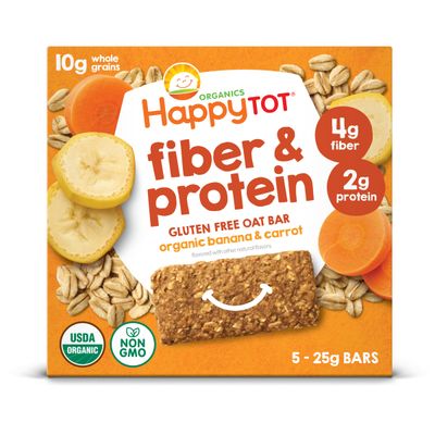 Happy Tot Organics Fiber &amp; Protein Soft-Baked Oat Bars Organic Toddler Snack Banana &amp; Carrot, 0.88 Ounce Bars, 5 Count Box (Pack of 6)