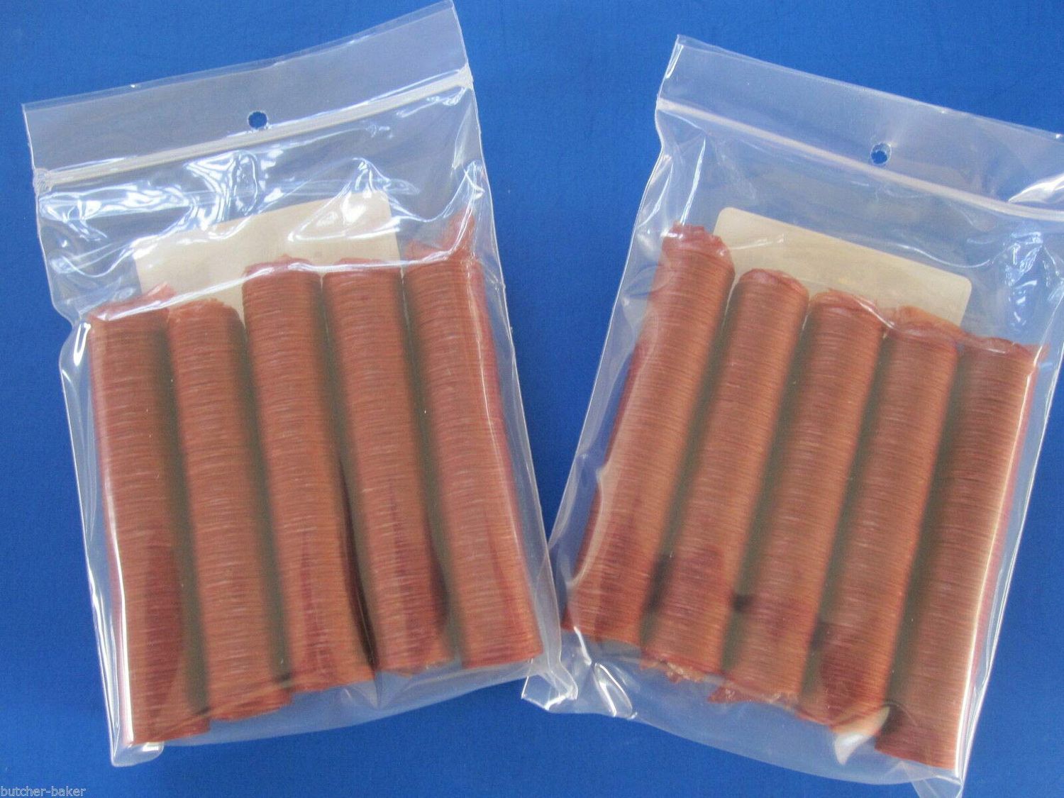 2 PACKS of 17 mm snack stick casings. Edible. 10 strands total. Collagen casings for 42 lbs of snack sticks. Easy to use. No soaking needed. Finished diameter of approx 5/8&quot;. Requires slim 3/8&quot; tube