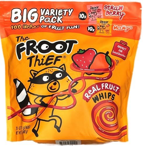 Foot Thief Real Fruit Whips Vegan Big Variety Pack Gluten Free 10 Bags of Strawberry 10 Bags of Mango No Preservatives (Total 20 Bags)