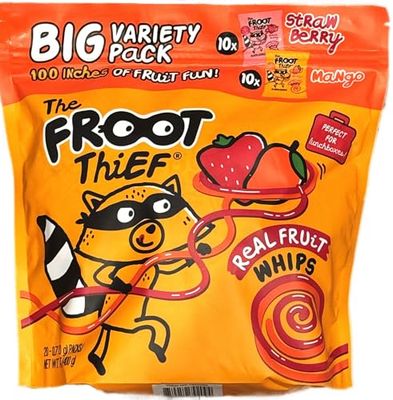 Foot Thief Real Fruit Whips Vegan Big Variety Pack Gluten Free 10 Bags of Strawberry 10 Bags of Mango No Preservatives (Total 20 Bags)