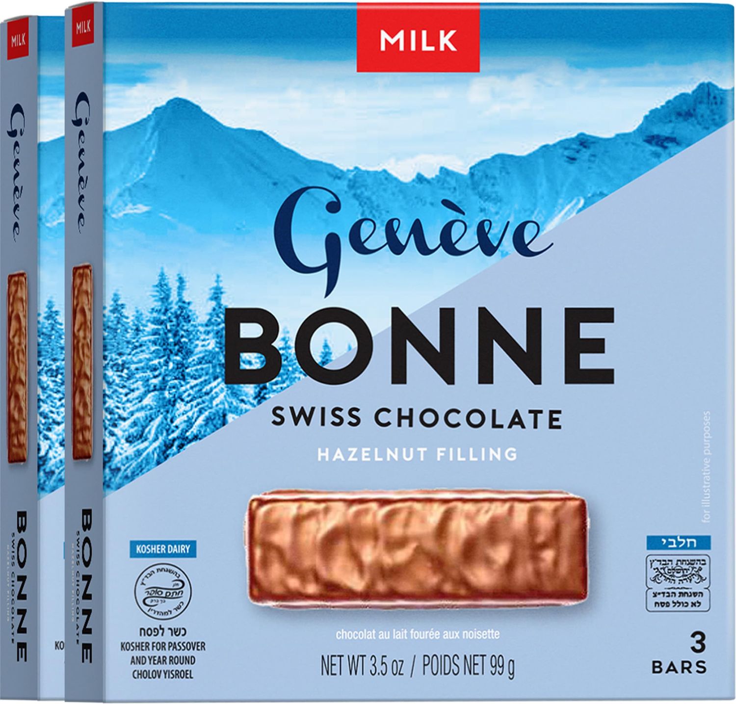 Geneve Bonne Milk Chocolate Bar, Swiss Chocolate with Hazelnut Filling (2 Pack - 6 Bars)  Rich Chocolate  Kosher for Passover Chocolate  Individually Wrapped