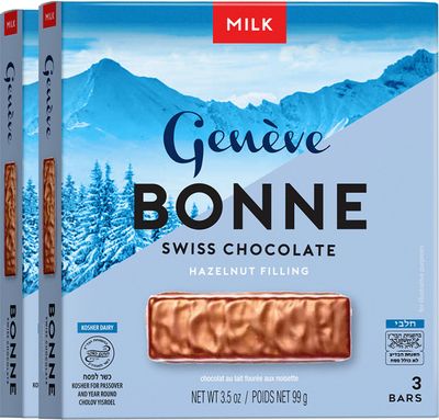 Geneve Bonne Milk Chocolate Bar, Swiss Chocolate with Hazelnut Filling (2 Pack - 6 Bars)  Rich Chocolate  Kosher for Passover Chocolate  Individually Wrapped